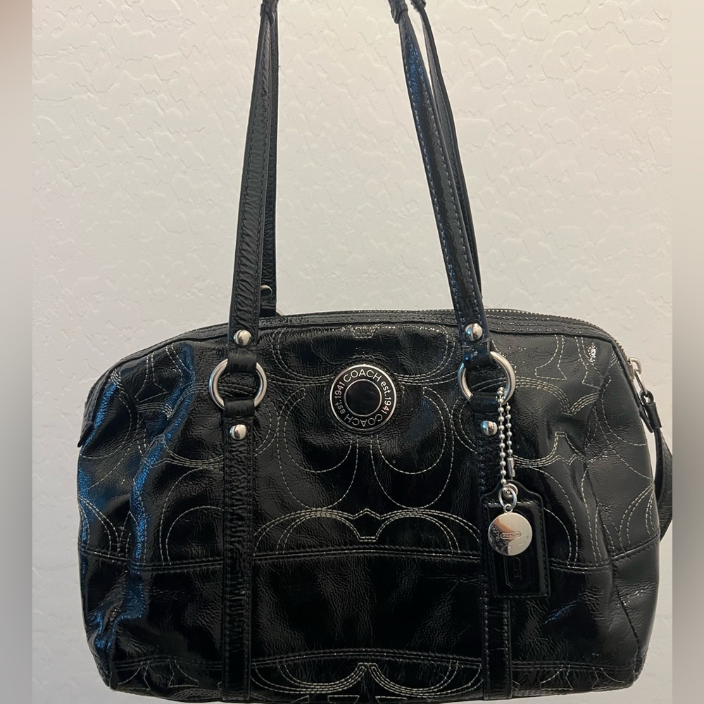 Black patent leather Coach signature shoulder duffle WITH matching wallet